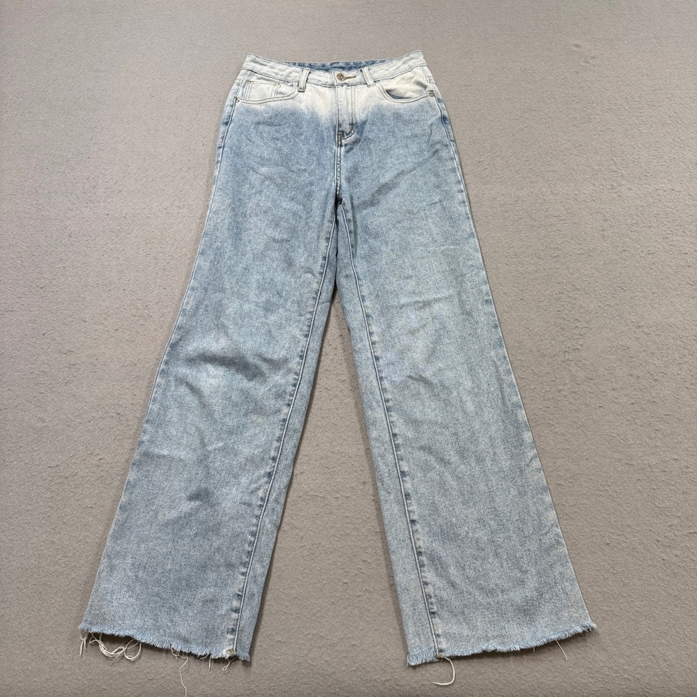 Y2K Doraemon Baggy Jeans Women's M Blue Light Wash Wide Leg High Rise Frayed Hem